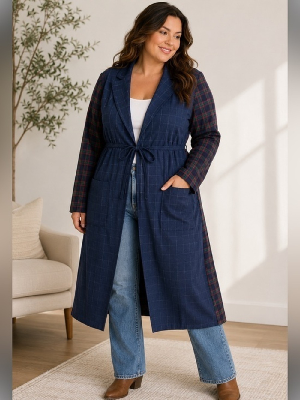 C.O.C. Plaid Mixed Media Longline Duster Coat 3X